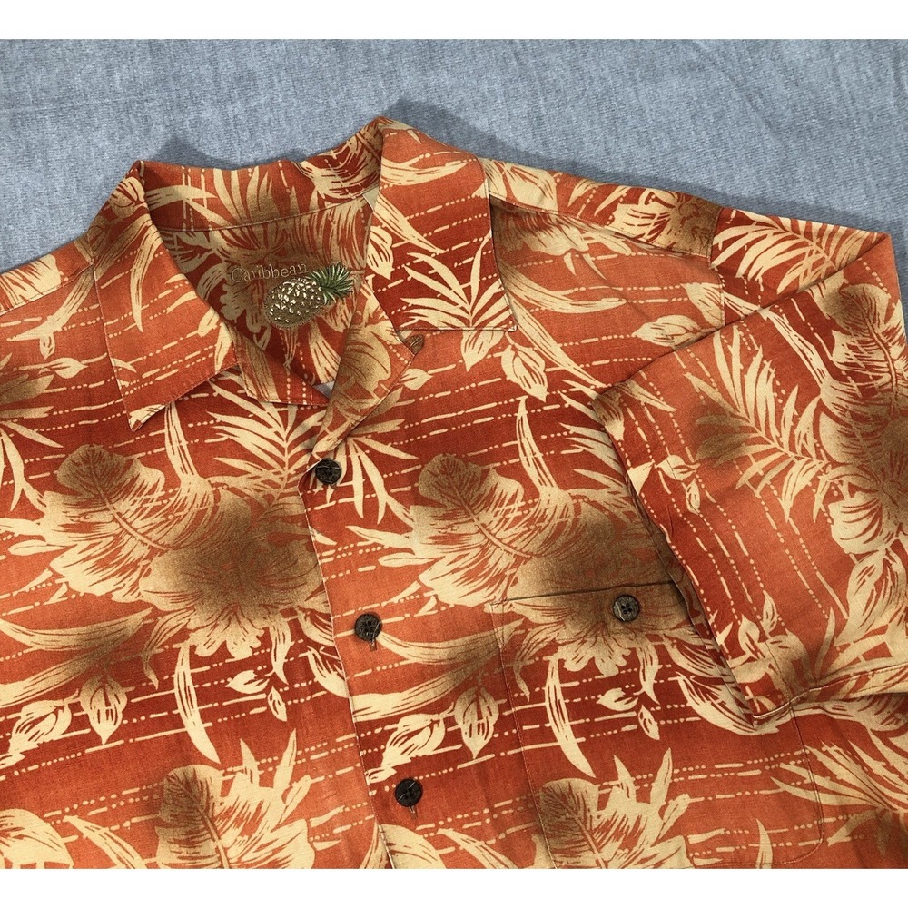 Caribbean Shirt Mens M Orange Tropical Floral Linen Silk Hawaiian Camp Button Up
